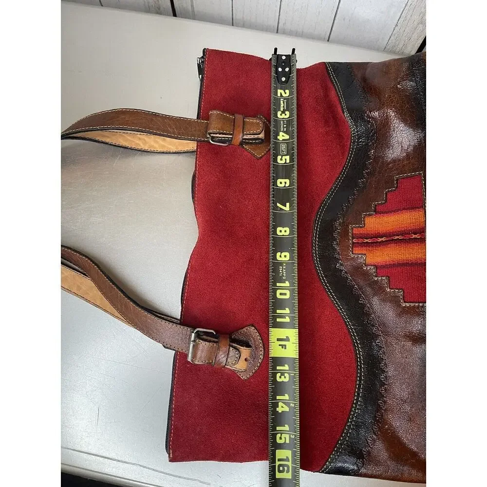 Vintage Red Suede and Brown Leather Trim Tote Bag Southwest Western